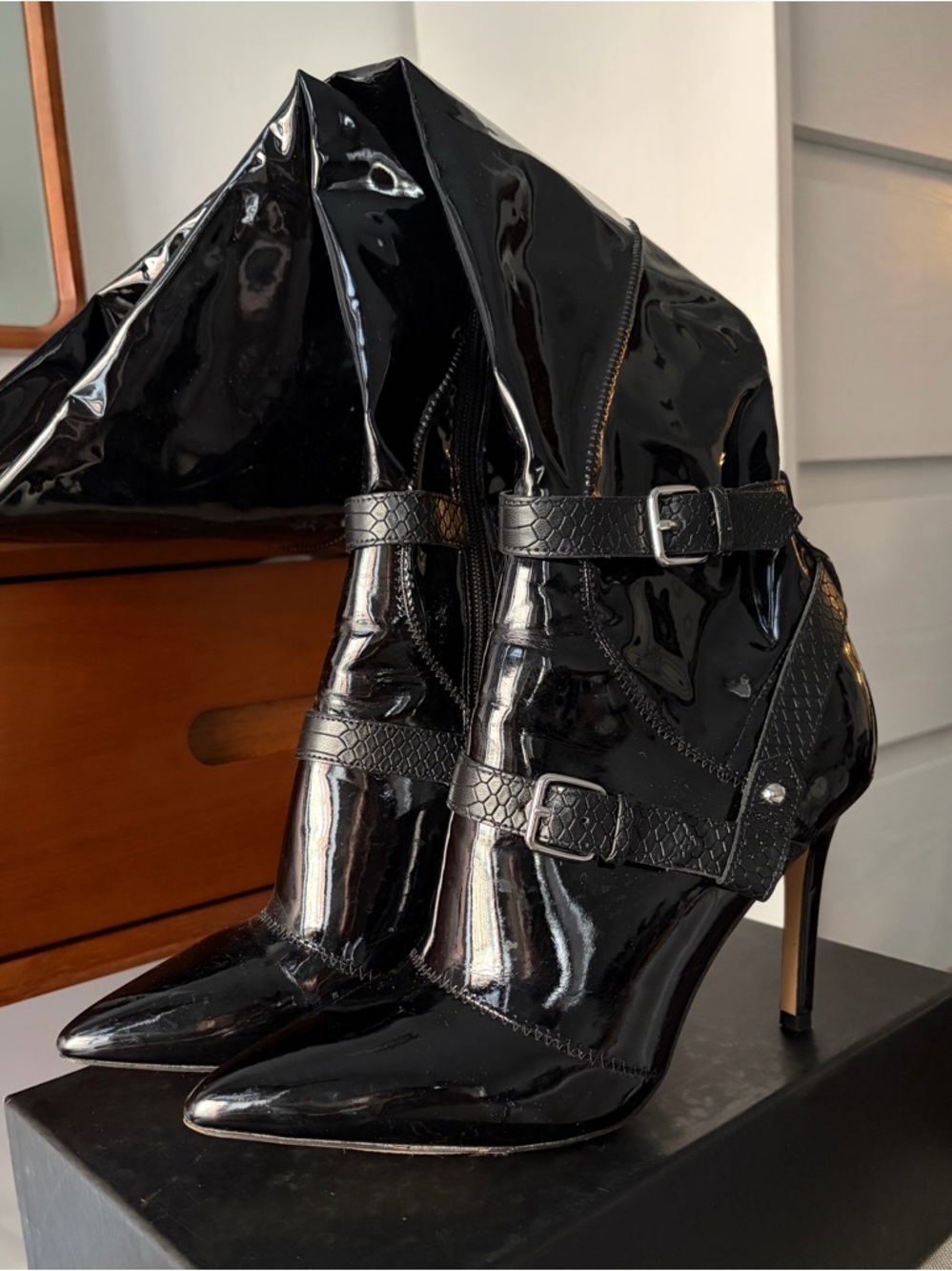 Aldo Black Patent Pointed Toe Strap Stiletto thigh high boots